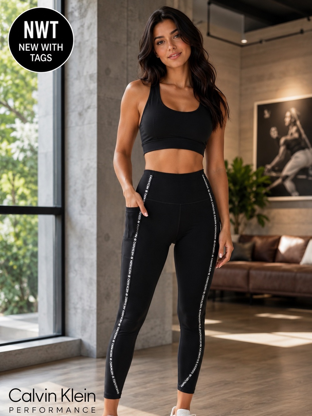 NWT Calvin Klein Performance High Waist 7/8 Leggings Black Logo Side Trim Size S